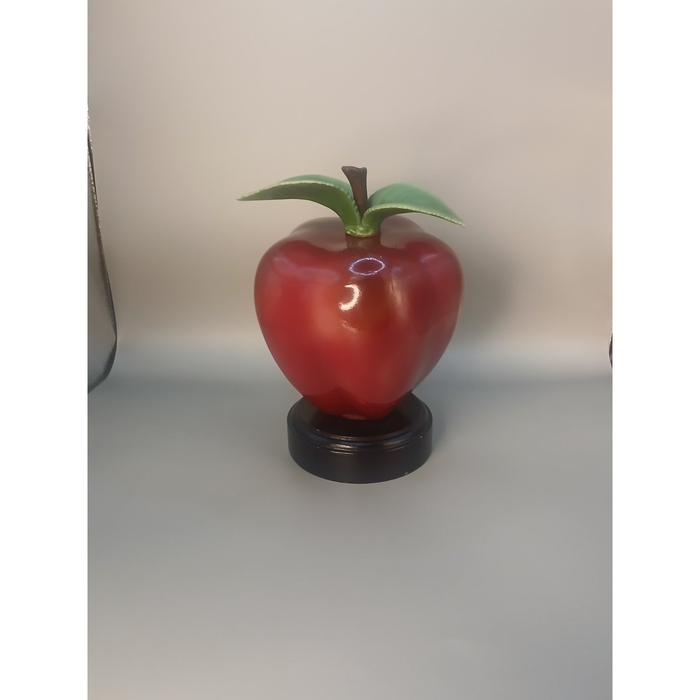 Vintage Red Apple Sculpture on Black Wood Base Decorative Teacher Gift 7.5 Inch